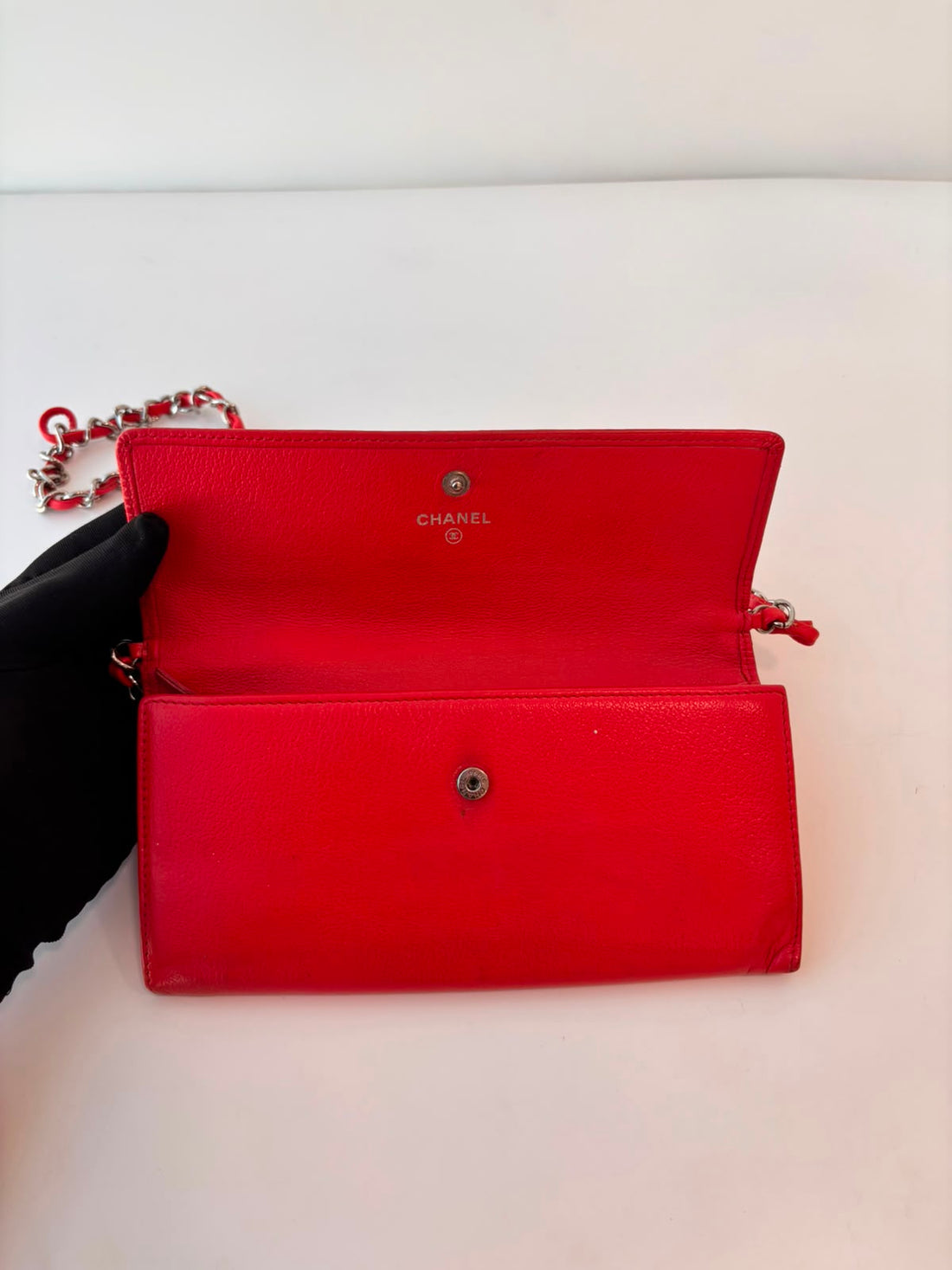 Chanel Red Grained Leather Camellia Wallet On Chain