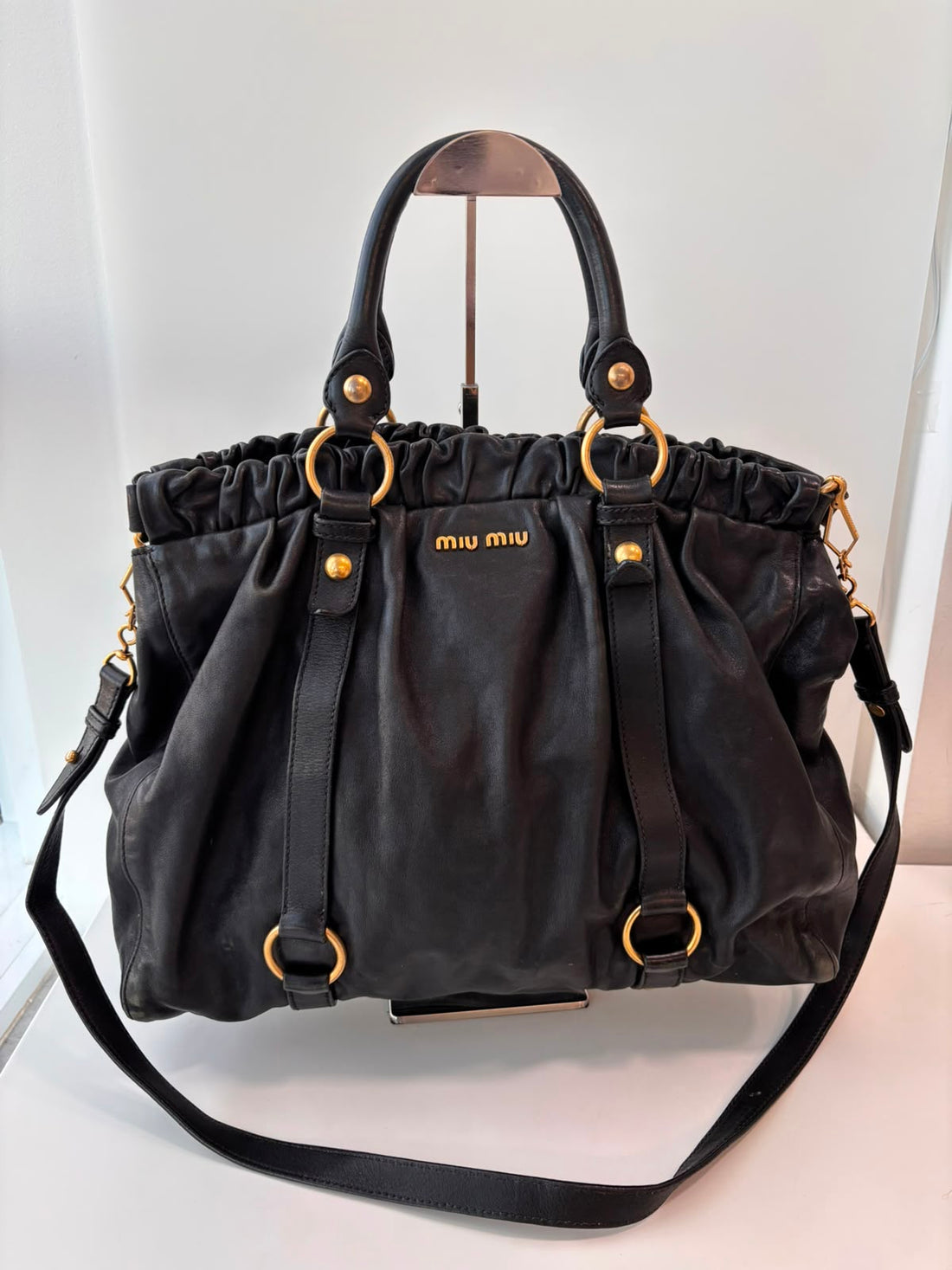 Miu Miu Vitello Lux Gathered Shopper Tote